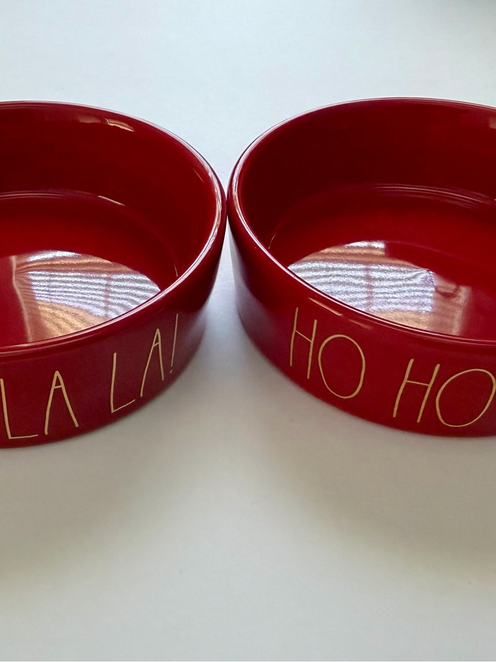 Rae Dunn Red 'Ho Ho' and 'Fa La La' Pet Bowls with Gold Lettering